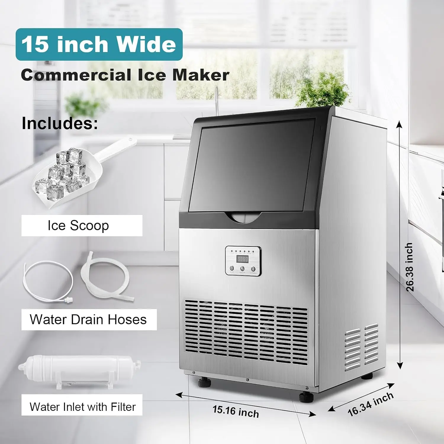 100lbs/24H Auto Self-Cleaning LED Digital Display Blue Light Under Counter Freestanding Ice Maker Machine