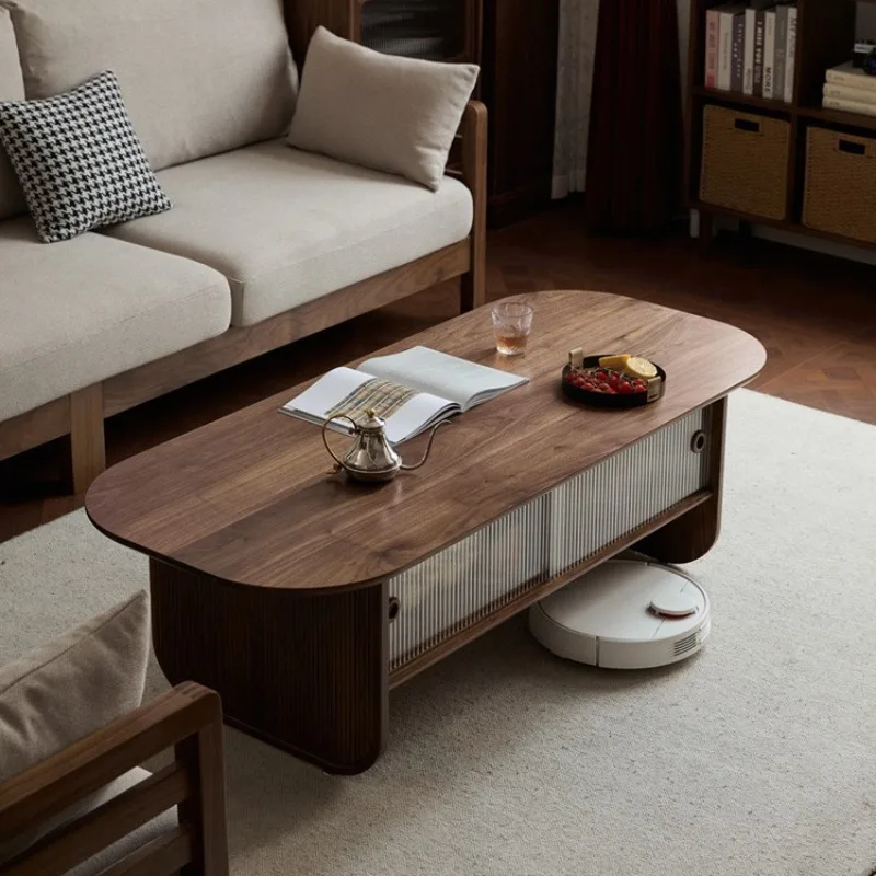 

Solid wood coffee table black walnut rock slab living room storage cream wind small apartment tea table oval medieval modern