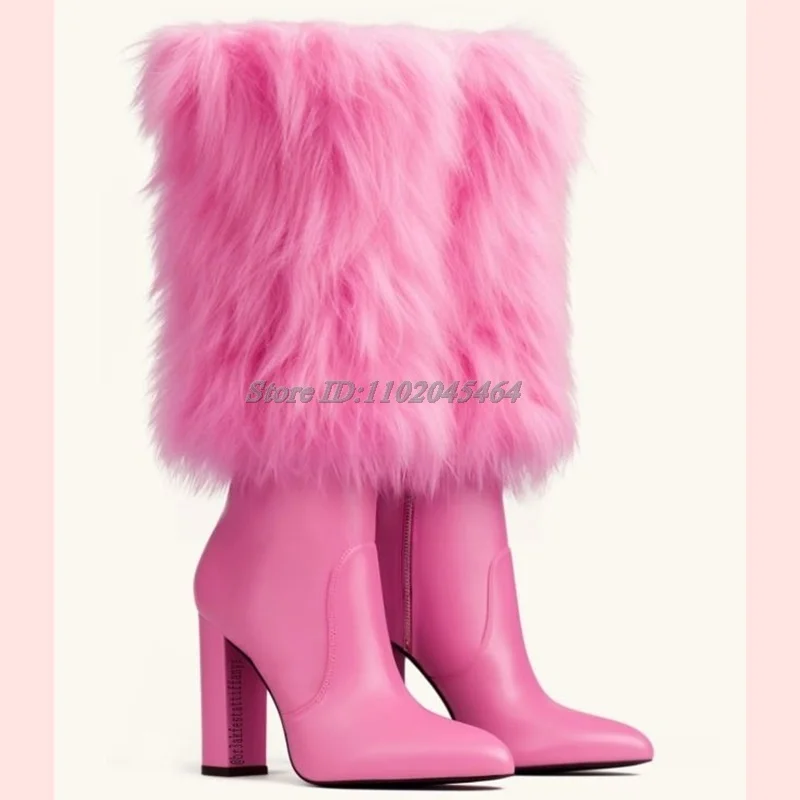 Pink Leather Fur Chunky Heel Knee High Boots Women's Pointed Toe Sexy Sweet High Heels Big Size Luxury Designer Party Shoes