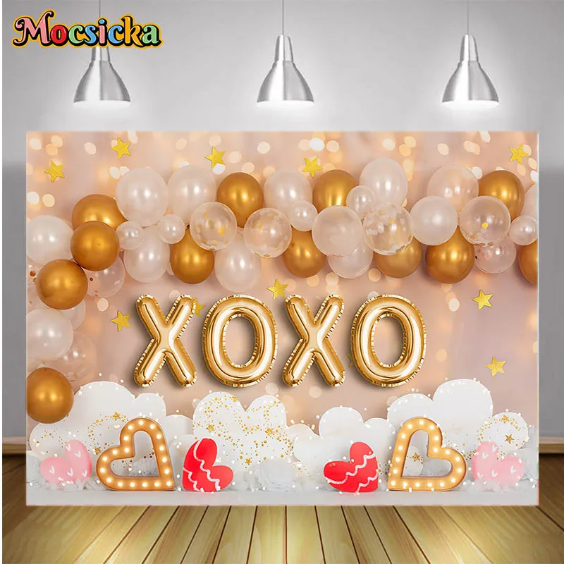 XOXO Valentine's Day Photography Backdrop Heart Shape Tent Lights and Balloon Garland Decor Kids Girls Portrait Photo Background