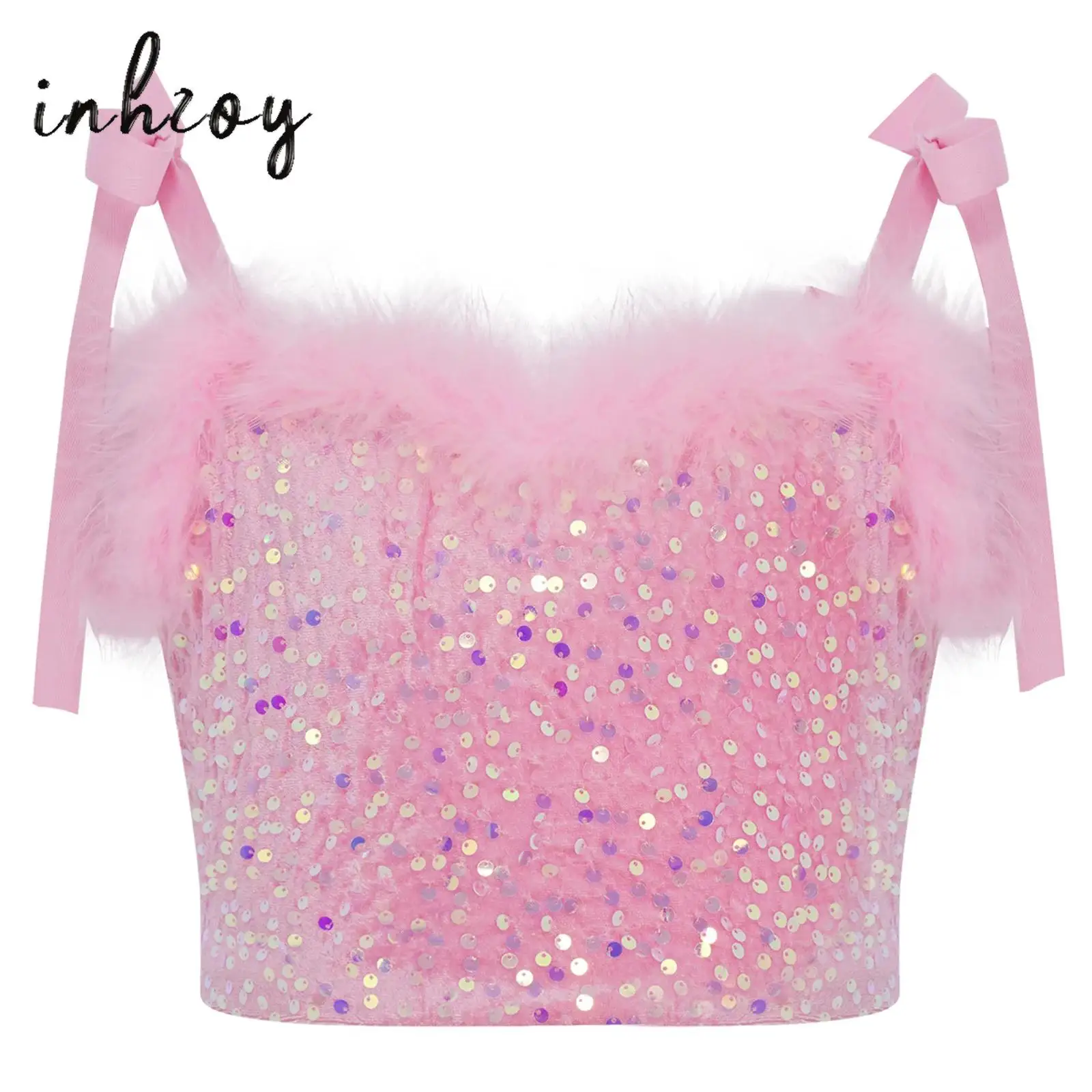 

Kids Girls Camisole Hip-Hop Jazz Dance Top Feather Trim Glittery Sequins Lace-up Straps Crop Top for Birthday Party Performance