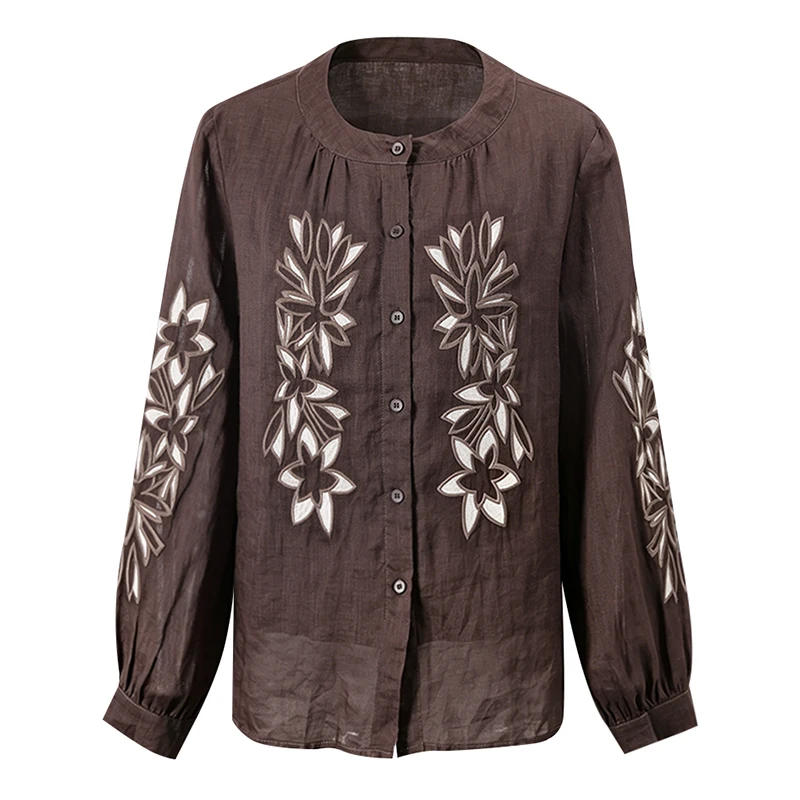 [EAM] Women Coffee Embroidery Linen Big Size Blouse New Round Neck Long Sleeve Shirt Fashion Tide Spring Summer 2026 CPG6329