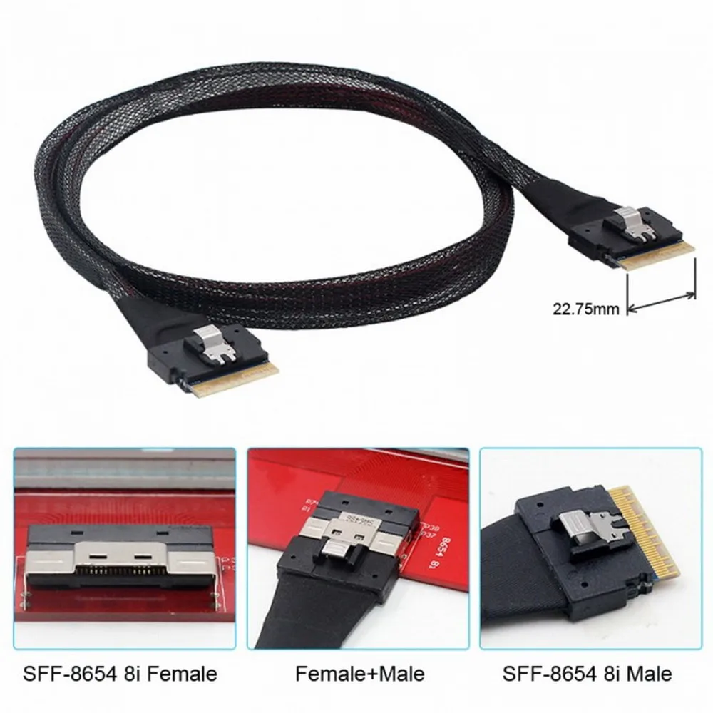 PCIE4.0x8 SFF8654 to SFF8654 Male to Male Data Cable Slimsas 8X SFF8654 X8 GEN4 sas4.0Silver Plated Cable for GPU Graphics Card