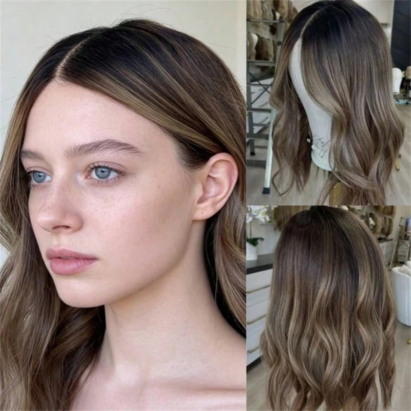 

Synthetic and 5% Human Hair blend lace wigs Brown with Blonde Highlights Lace Front Wig 13x4 Stock Glueless Natural Hairline Wig