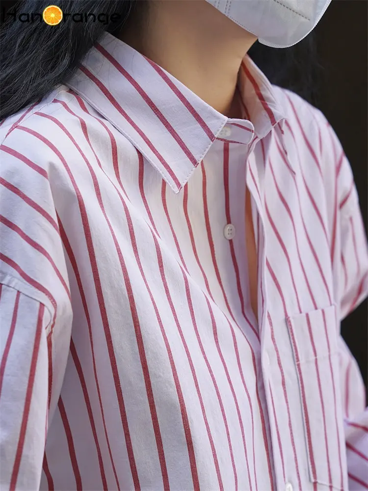 HanOrange 2024 Spring Fashion Minority Vertical Stripe Shirt Women Lazy Folded Long Sleeve Casual Top Female Dark Blue/Pink