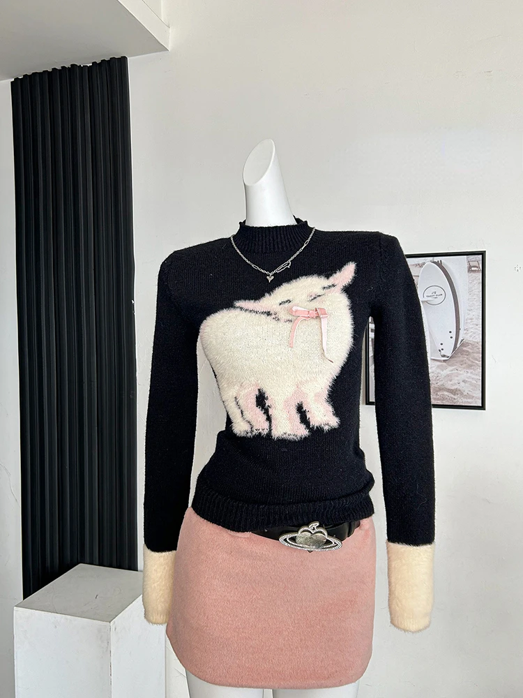 Otoño Invierno mujer lindo núcleo coreano Kawaii Jumper suéter de cuello alto 2000s prendas de punto estéticas Vintage jerseys acogedores