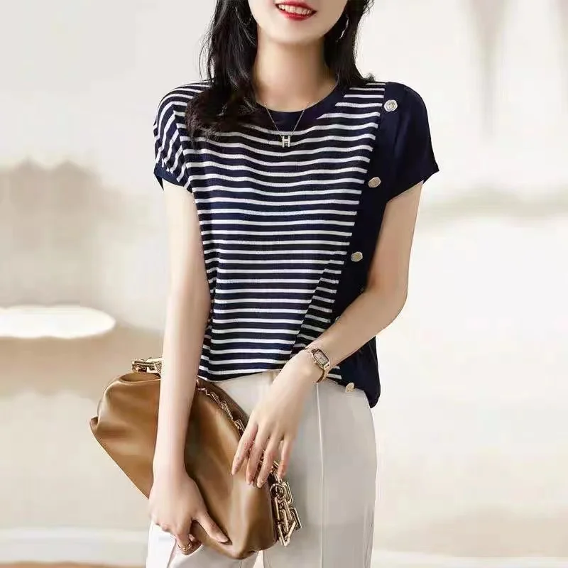 세련된 새 니트 반팔 여성용 아이스 실크 셔츠 라운드 칼라 흑백 스트라이프 코튼 티셔츠 루즈 반소매