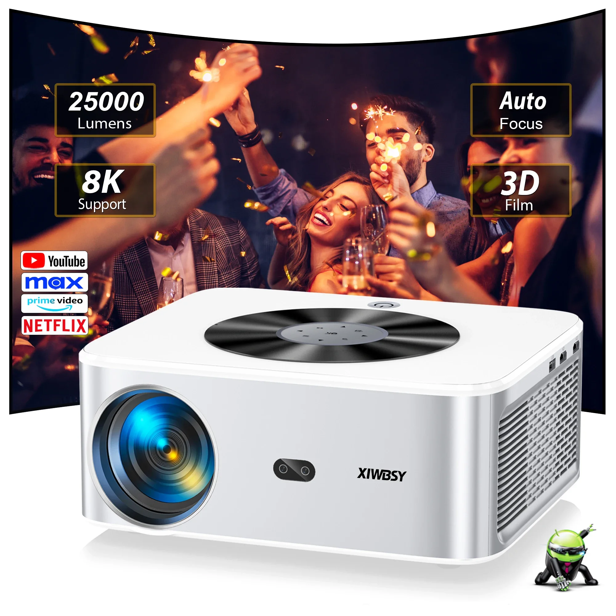 Proyector android XIWBSY 4K, 25000 lúmenes, 800ANSI, enfoque automático/proyector Keystone, cine en casa, proyector inteligente para exteriores