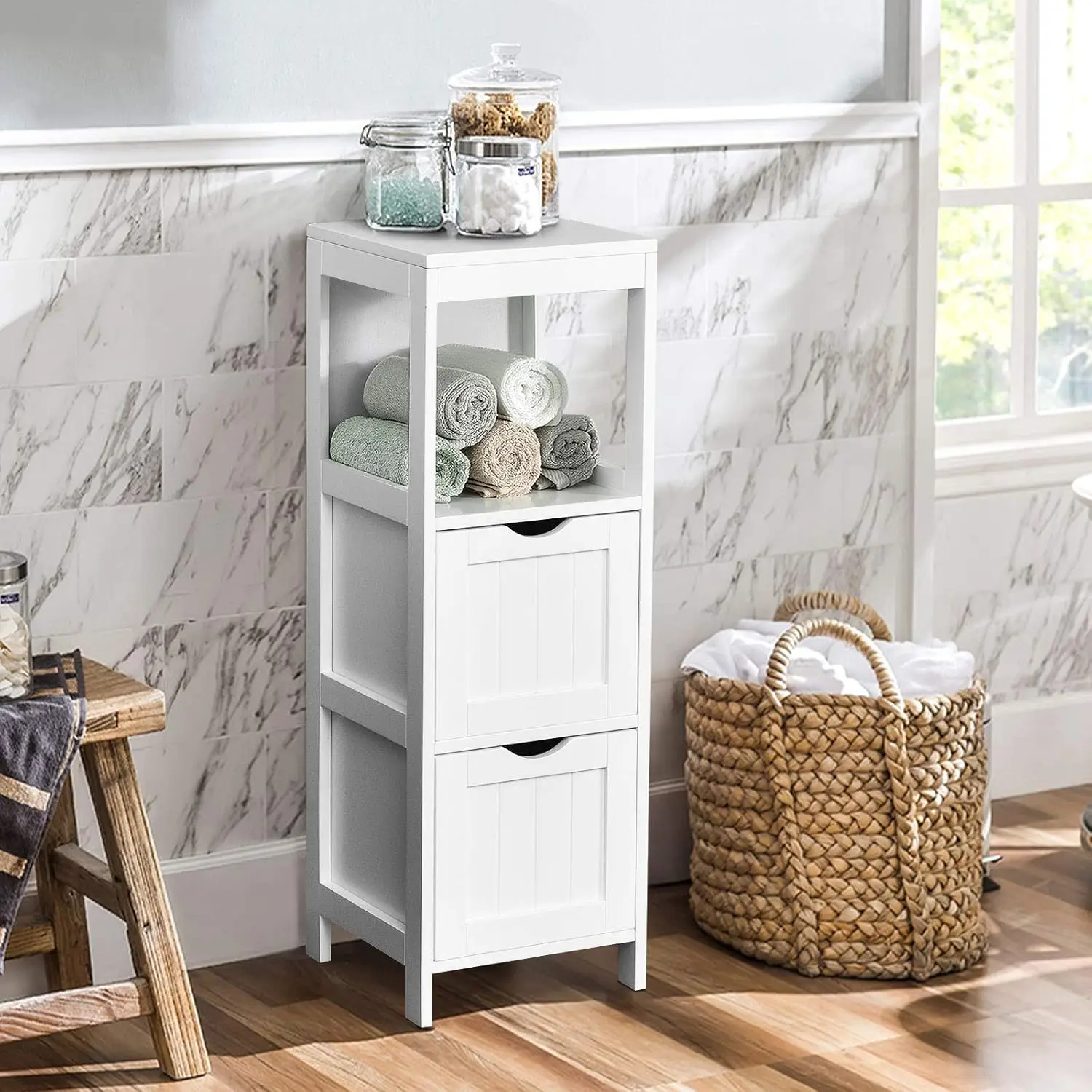 **/Bathroom Floor Cabinet, Wooden Storage Cabinet With 2 Removable Drawers, Open Shelf, Side Narrow Storage Organizer With