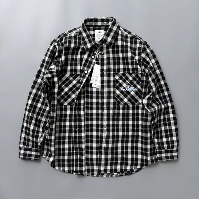 

26SS Early Spring Long Sleeve Black and White Plaid Shirt 280gsm Heavyweight Men's American Retro Style 100% Cotton Check Shirt