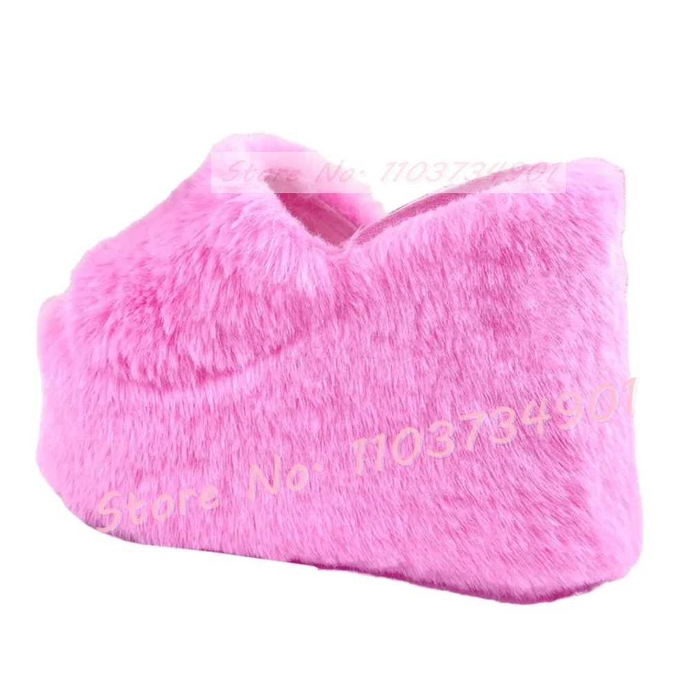 Pink Furry Platform Wedge Slippers Women Stylish Fur Open Toe Girls Lovely Party Shoes Female Elegant Round Toe Fluffy Slippers