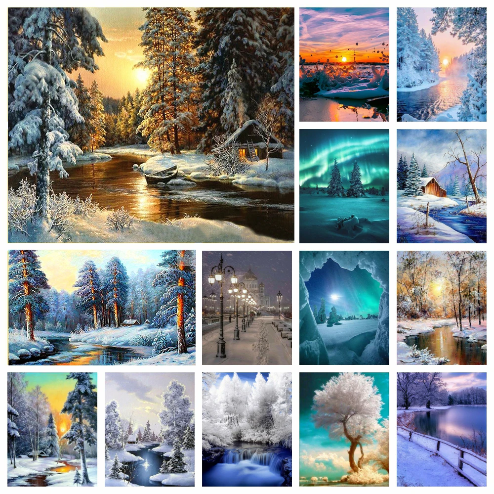 AZQSD Diamond Painting Full Drill Winter Landscape 5d Diy Embroidery Snow Forest Tree Sunset Rhinestones Pictures Mosaic Gift