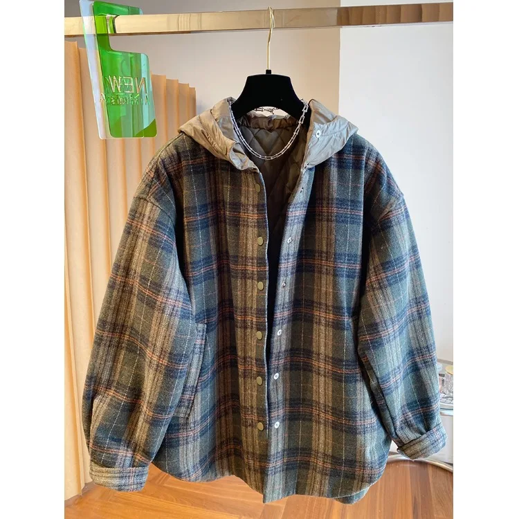 Winter Thickened Loose Women's Cotton Jacket Coat Korean Style with Hat Plaid Pattern Long Sleeve Single Button Closure