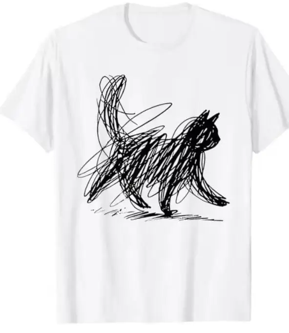 Cat Lover Women T Shirt Abstract Scribble Cat Sketch Doodle Graphic Short Sleeve Casual White Tee Tops