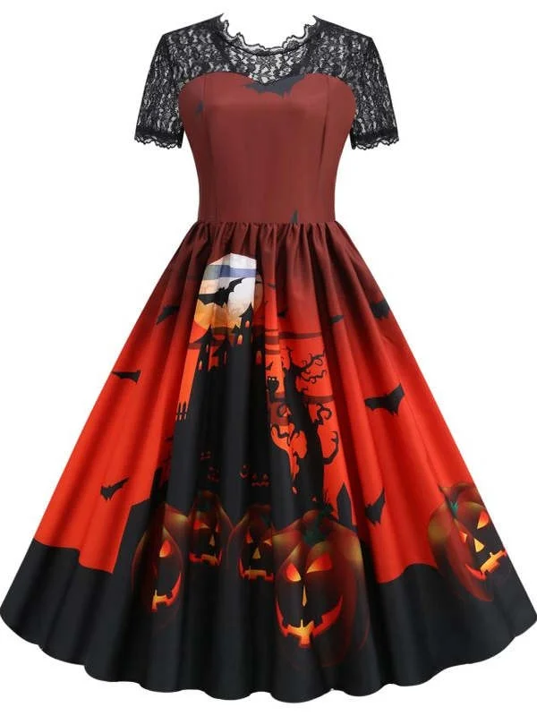 Rua sle loween par abóbora impressão a linha renda emenda fino ort sve maxi dr vestido feminino faion outono wear