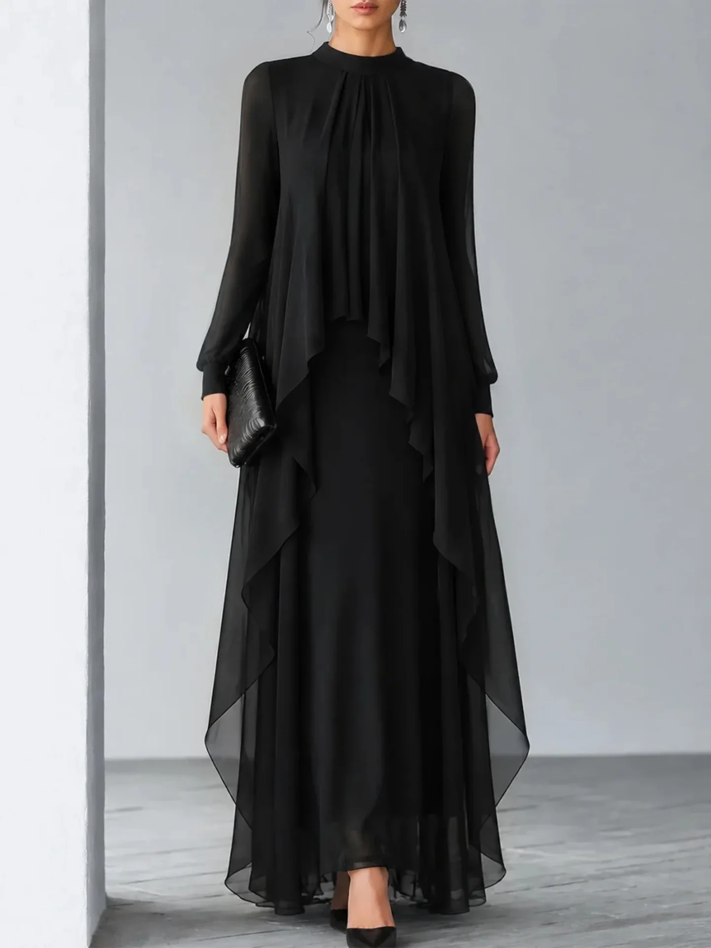 Elegantes, mehrlagiges Chiffon-Maxikleid für Damen, mit Stehkragen, durchsichtigen langen Ärmeln, fließendem Saum und Rüschen, ideal für formelle Abendveranstaltungen und Partys.