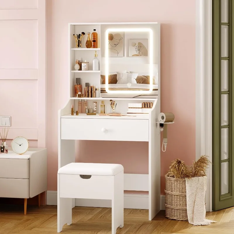 Pequeño escritorio de tocador de maquillaje con espejo y luces, 3 modos de iluminación ajustables, juego de tocador blanco con estación de carga y taburete