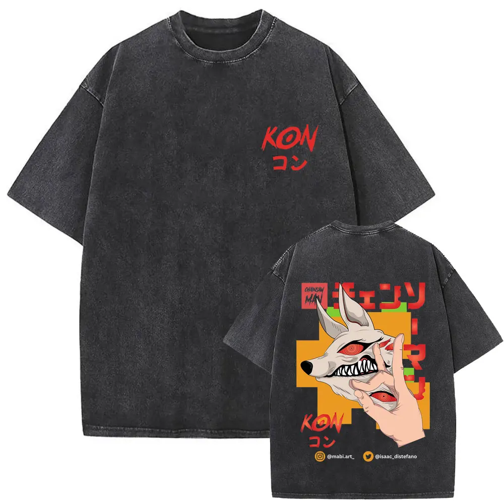 Cartoon Denji Pochita Funny Graphic T Shirt  Washed Vintage T-shirt  Unisex Oversized Harajuku Casaul Short Sleeve Tees T-shirts