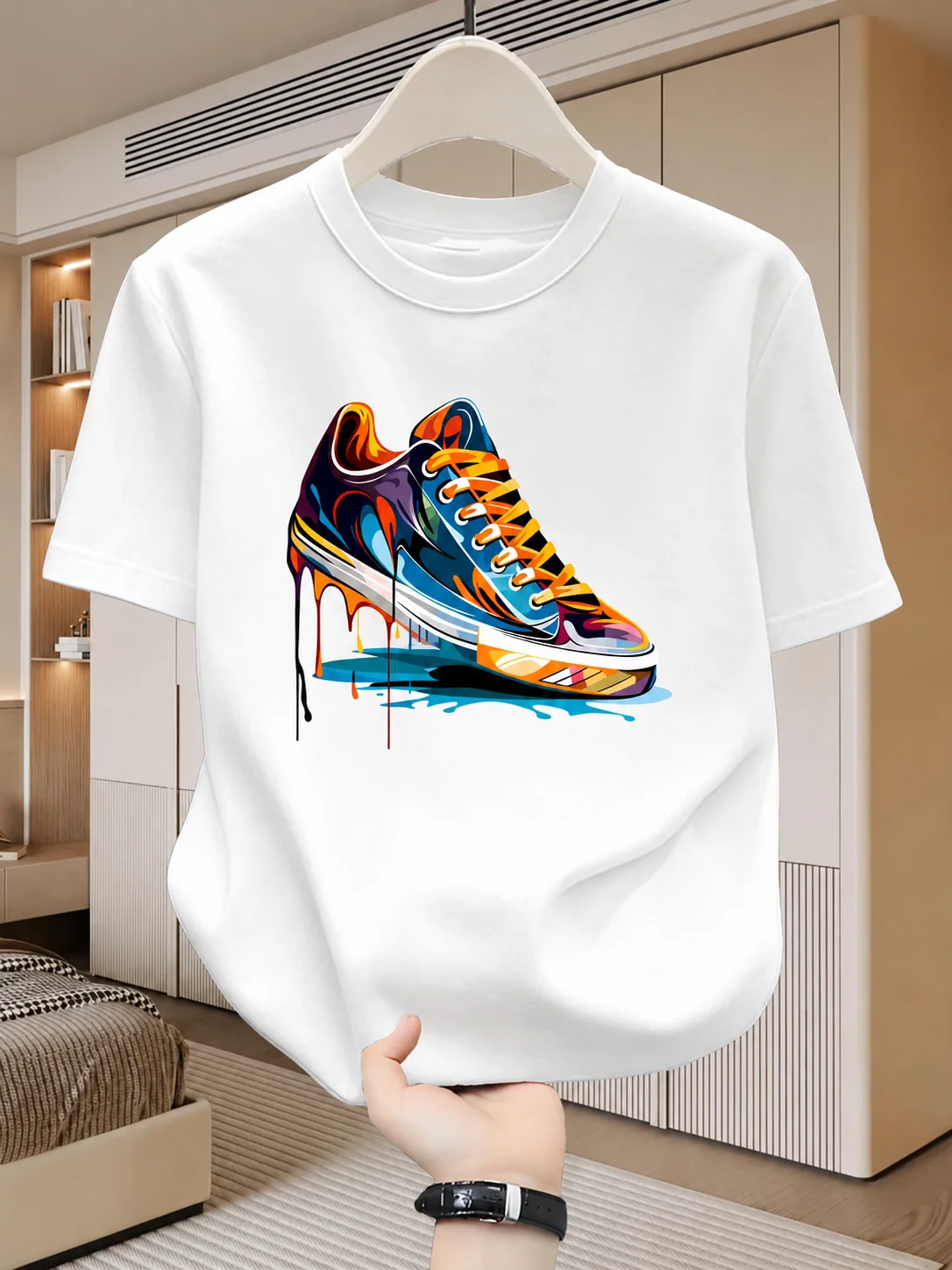 Summer Men's Cotton Casual Personalized Trendy Sneakers Graffiti Printed Round Neck Men's Clothing Women's Short Sleeve T-shirt