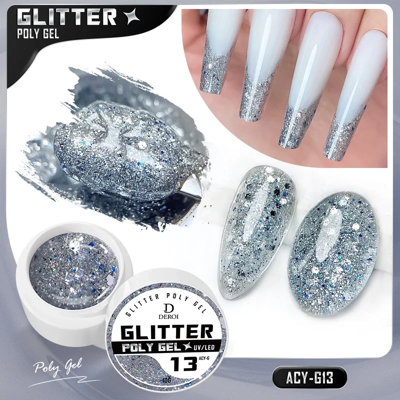 DEROI Poly Nail Gel Polish Wtih Sequins Shiny Sparkling Silver for Manicure Construction Hard Varnish Builder Nail Gel Extension