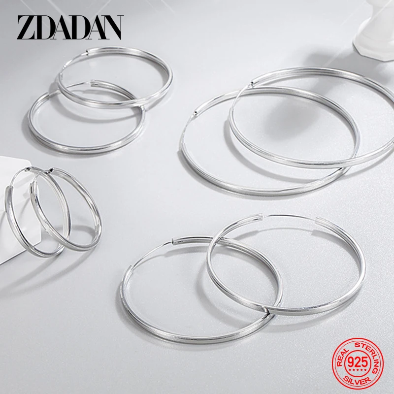 ZDADAN 925 Sterling Silver 30/40/50/60mm Flat Hoop Earrings For Women Wedding Jewelry