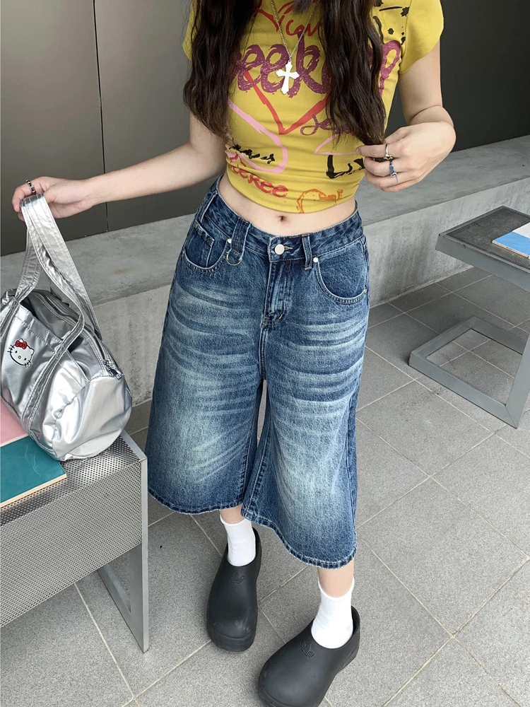 

Retro Washed Distressed 7/8 Length High Street Design Wide Leg Jeans Women's Chic Spring New Style Casual Loose Fit Blue