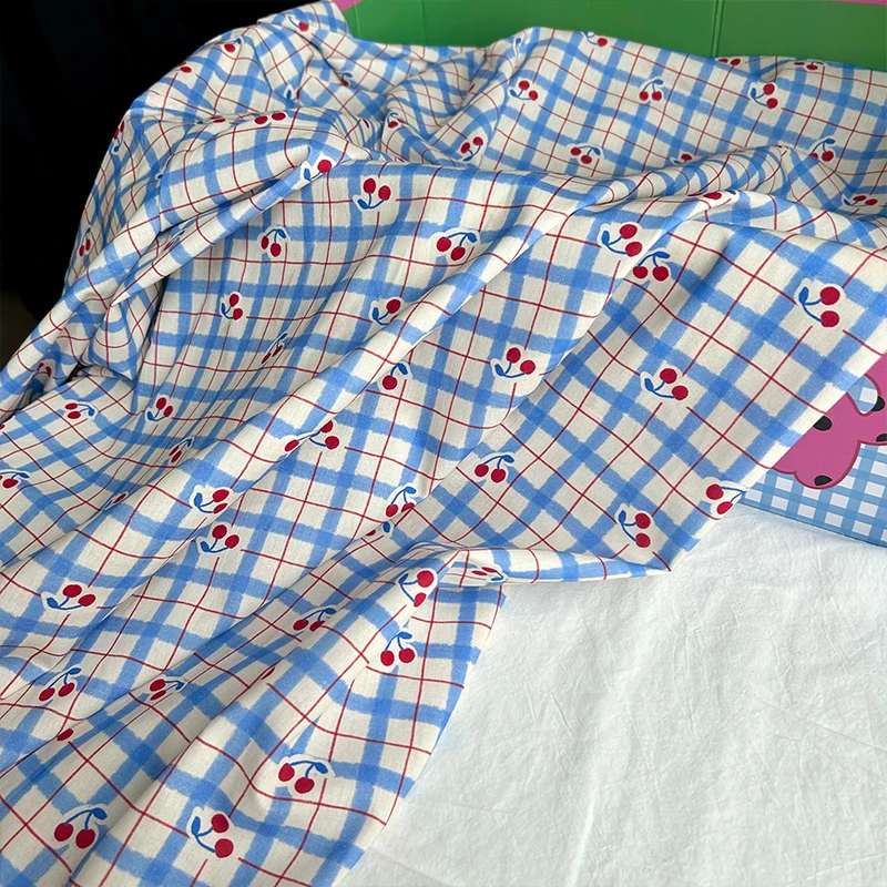 

Blue Red Checkered Cherry Fruit Printed Fabric 145x100cm for Children's Clothing Dress Pajamas Shirts Box Bags