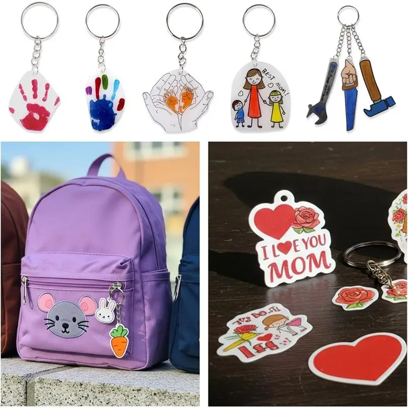 A93E-30PCS Shrink Plastic Sheets For Kids With 30 Keychains & 100 Jump Rings, Shrink Films Papers For DIY Handprint Keychains
