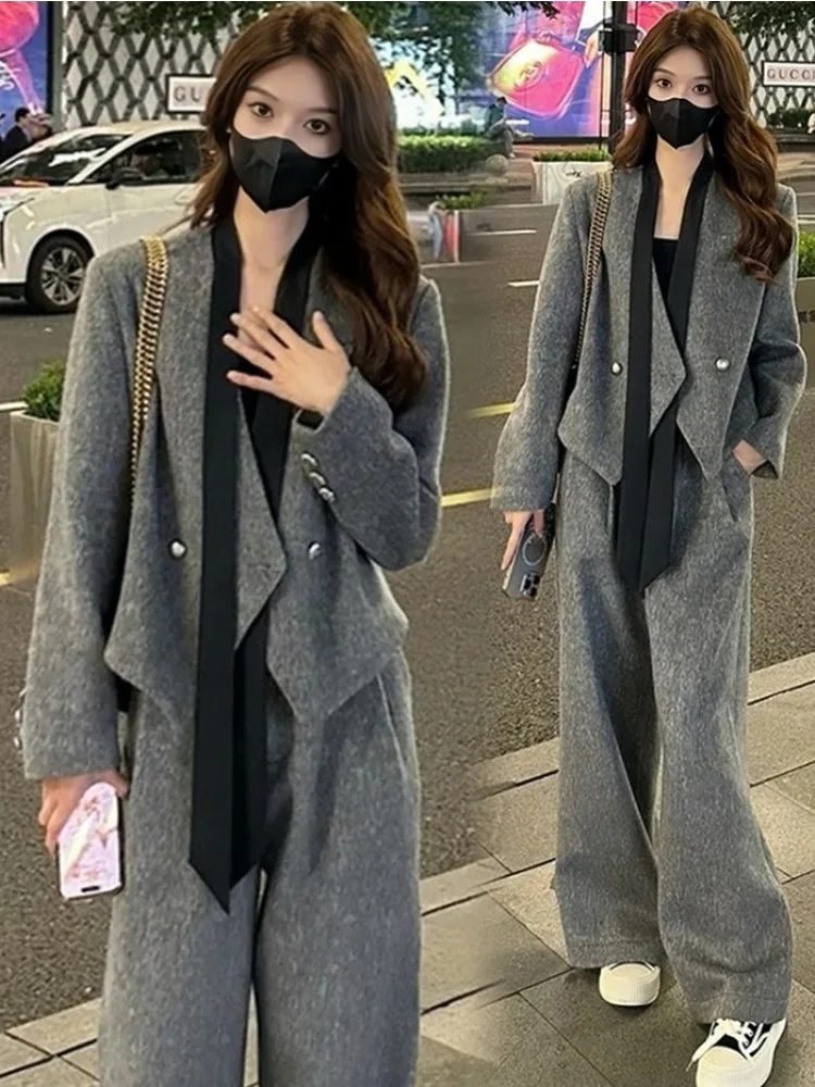 Spring Autumn Women's Cardigan Wide-Leg Pants Suit Long Sleeve Arrival Minimalist Relaxed Fit Fashionable Slimming Niche Casual