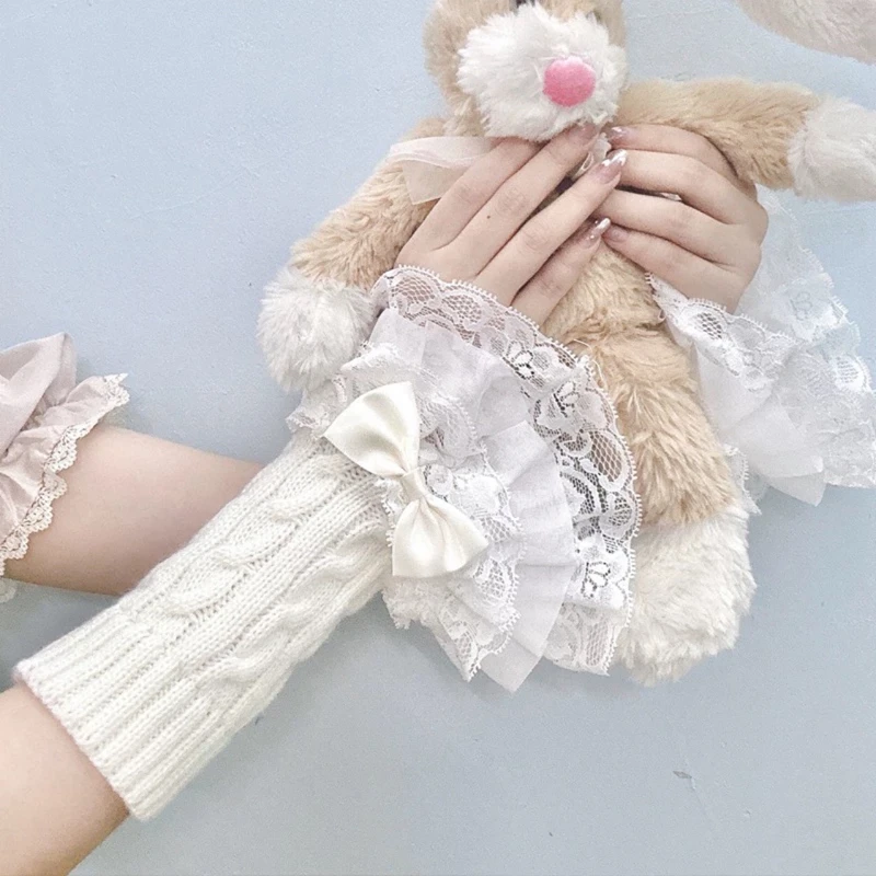 Lace Cute Girl Winter Detachable Warm Sleeves Sweet Sweater Decorative Knitted Fingerless Gloves Ruffled Universal Fake Cuff