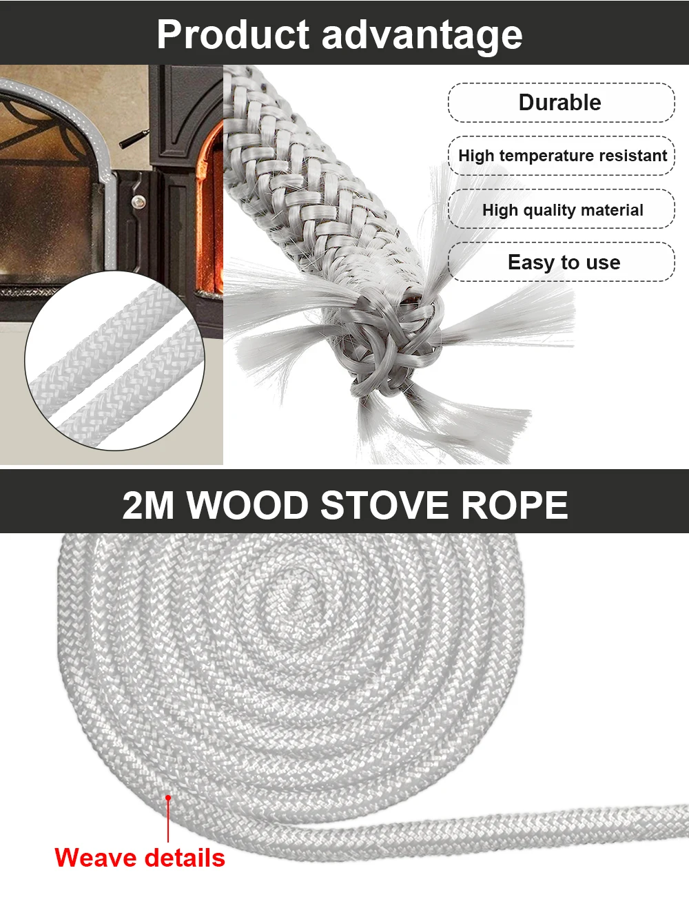 2M Fireplace Sealing Rope 10/12mm Gasket Cord Stove Door Fireplace Cord High Temperature Woodburner Sealing Rope Replacement