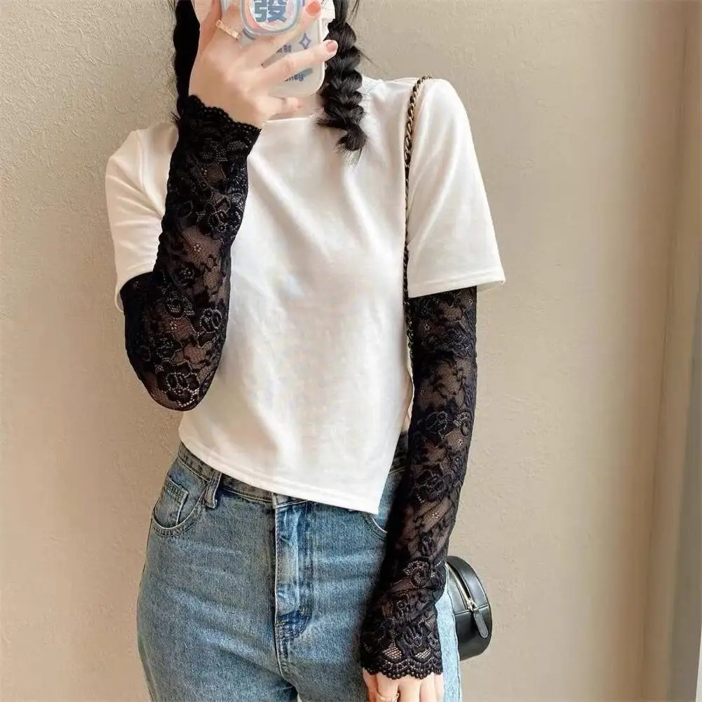 Summer Sunscreen Lace Arm Sleeve Lace Flower Embroidery Solid Color Thin Breathable Mesh Outdoor Driving Ani-UV Arm Covers