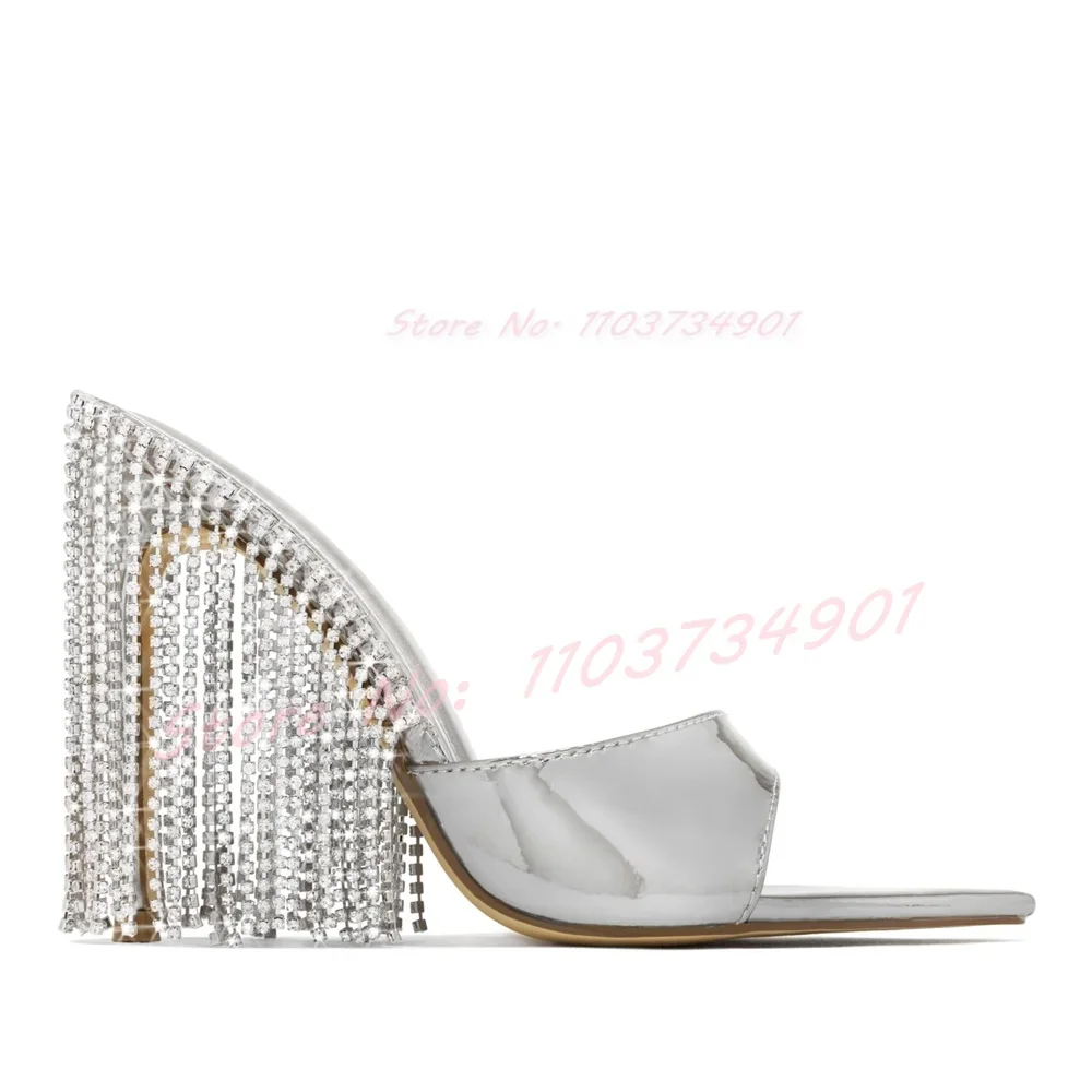 Gold Crystals Chain Tassel Pointy Toe Slippers Female Sexy Luxury Satin Thin Heeled Mules Women Classy Fashion Metallic Shoes
