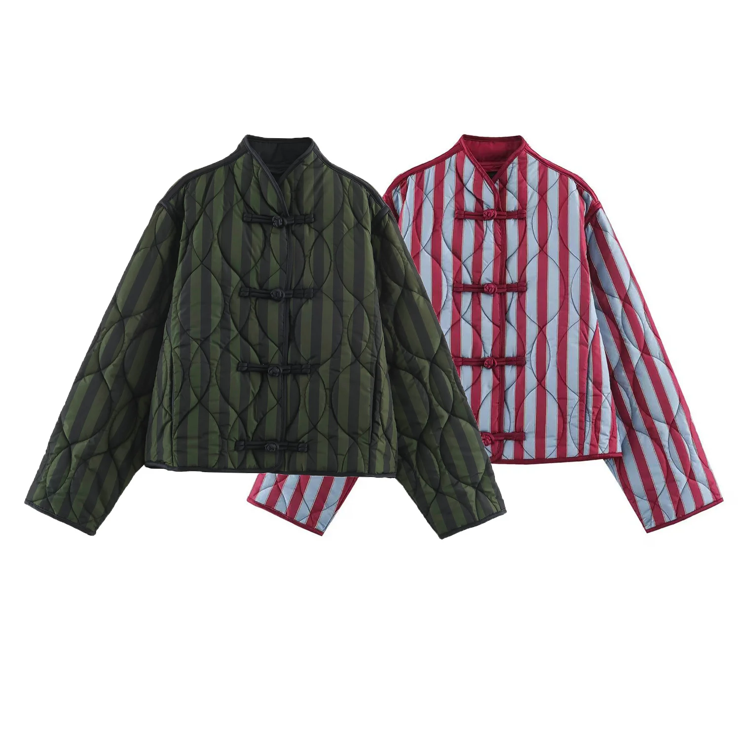 2026 Autumn Winter Women's Elegant Striped Warm Padded Parkas Coats Lady Vintage Chinese Knotted Buttons Loose Pocket Jackets