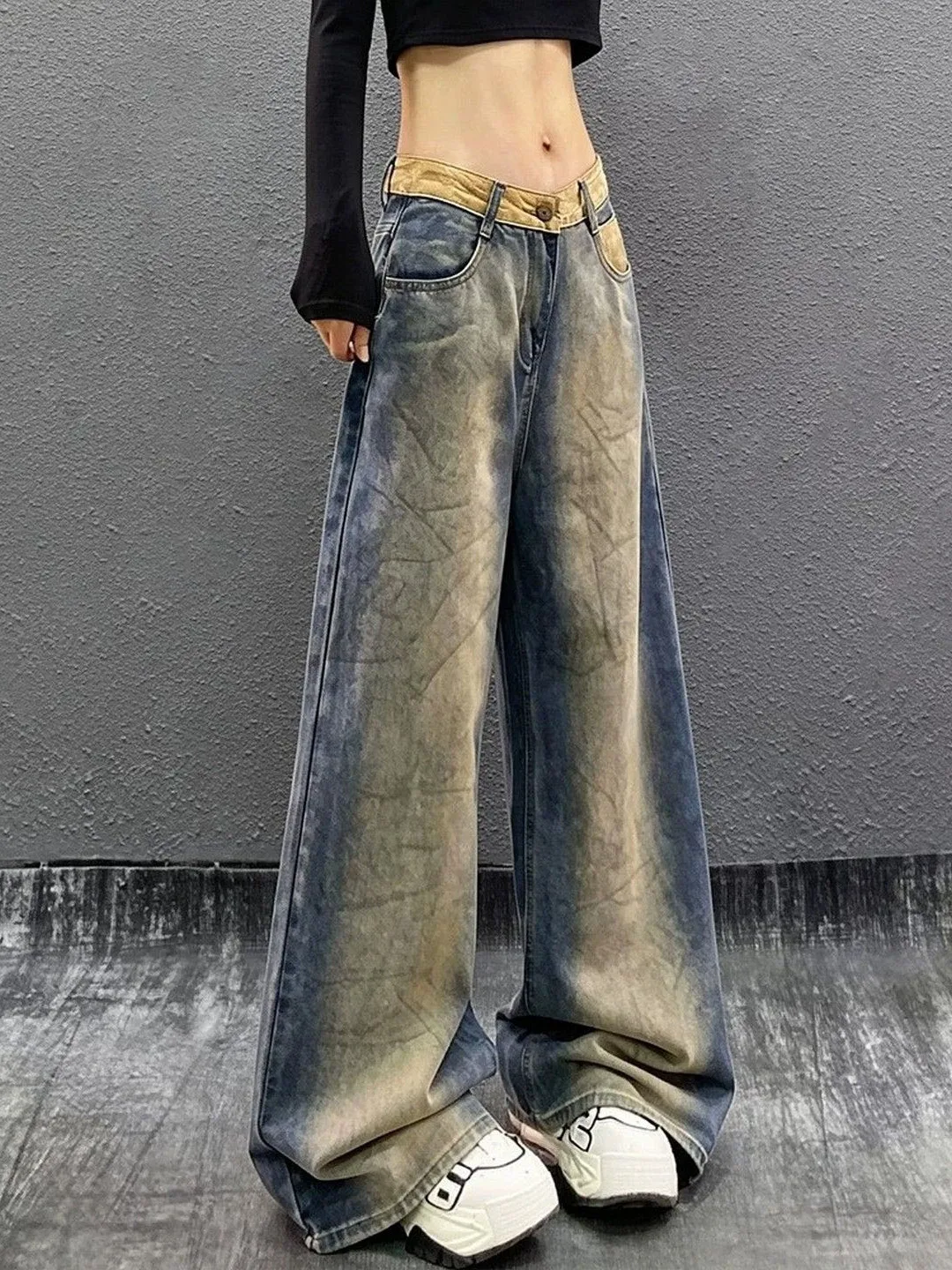 Women's High Waist Wide Leg Denim Jeans Color Gradient Fading Effect Loose Slimming Drapey Style Casual Summer Long Trousers