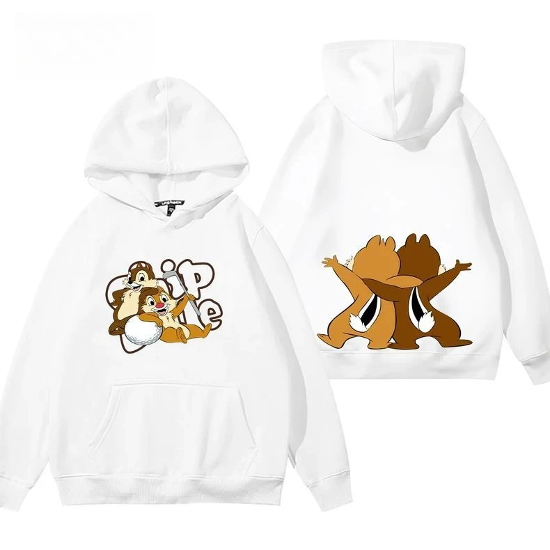 

Disney Chip N Dale Hoodie Unisex Cotton Fleece Pullover 2025 Autumn Winter Graphic Sweatshirt Gray Base Front Chip Dale Happy