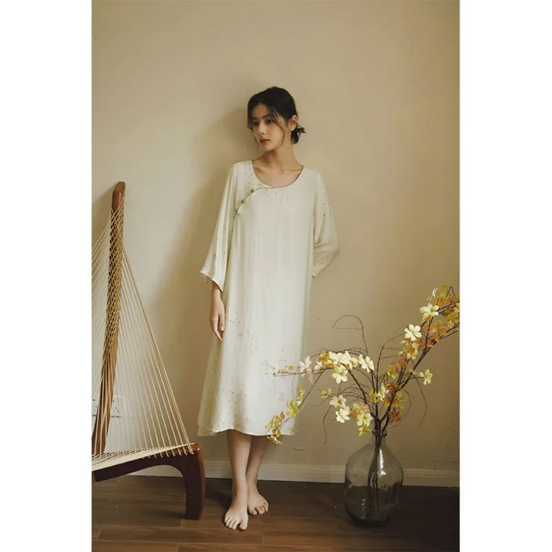 2023 Autumn Cotton Silk Plain and Elegant Printing Nightgowns Chinese Women\'s Long Sleeve Sleeping Dress Viscose Sexy Sleepwear