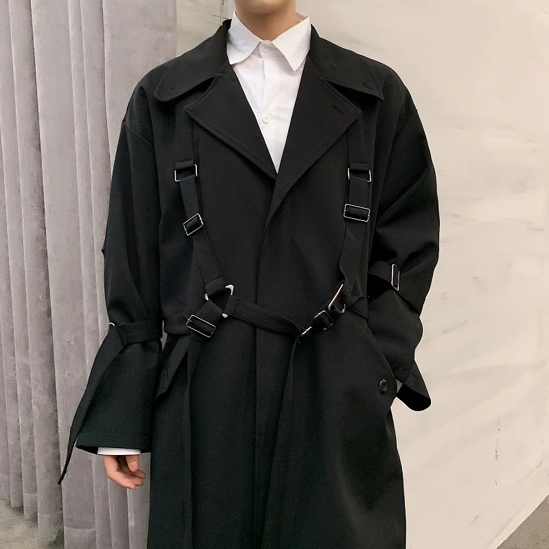 2023 Autumn Winter Techwear Hip Hop Adjustable Strap Trench Coat Mens Korean Fashion Long Jacket Street Casual Overcoat