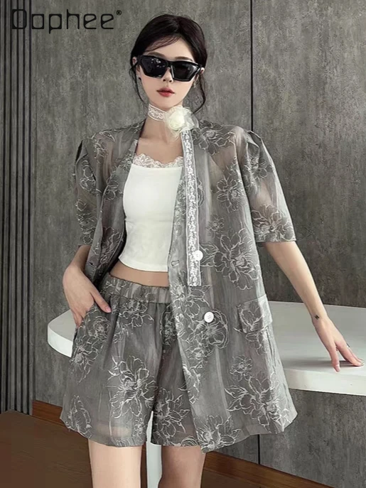 

Fashion Temperament Versatile Retro Printed Blazer + Skirt Two-piece Set Women Summer Fashion Commuter Style Casual Suit Female