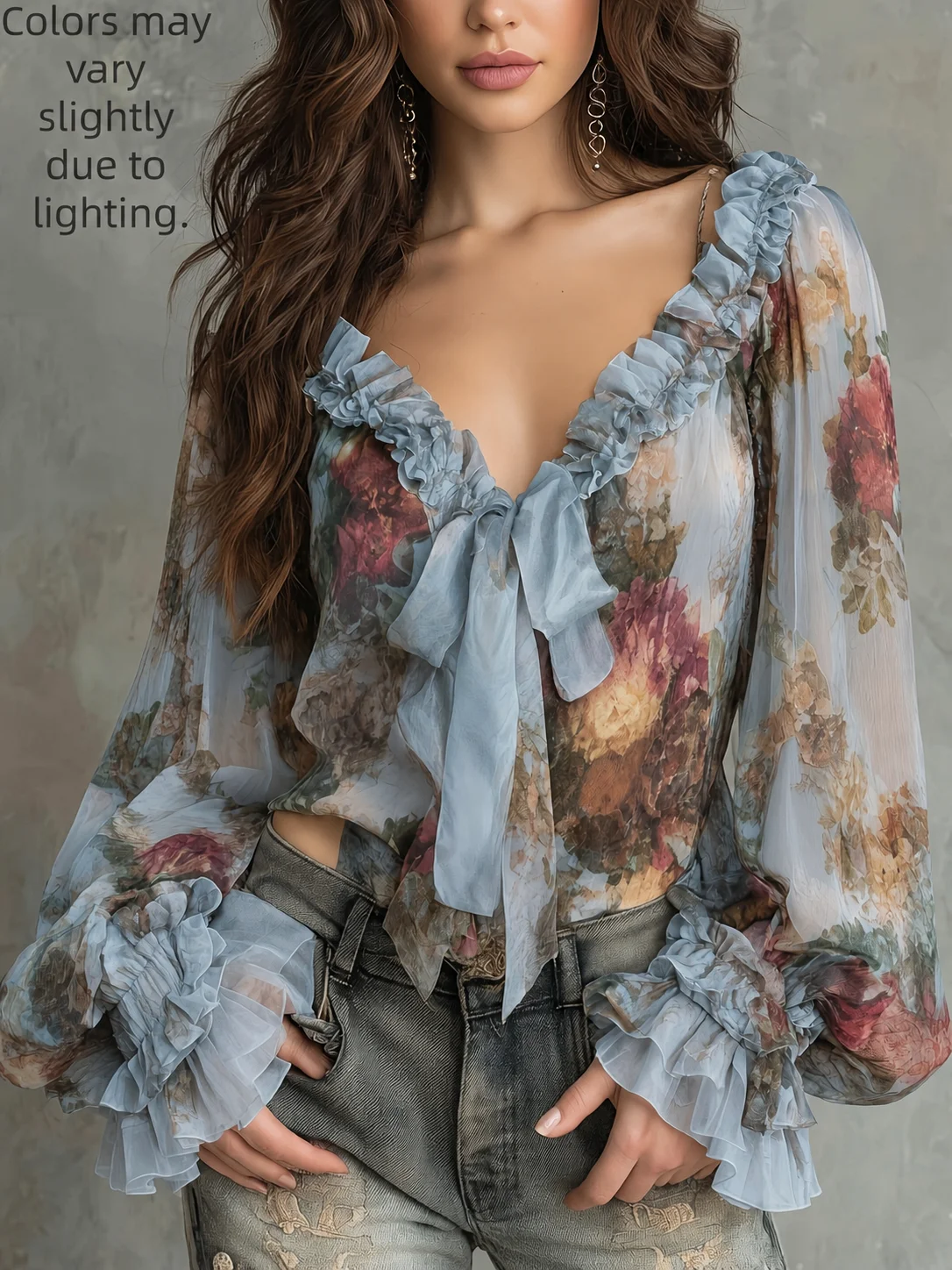 Damen Vintage Blumenmuster V-Ausschnitt Bluse mit Glockenärmeln Chiffon-Top Elegante Retro-Mode – Detail 14