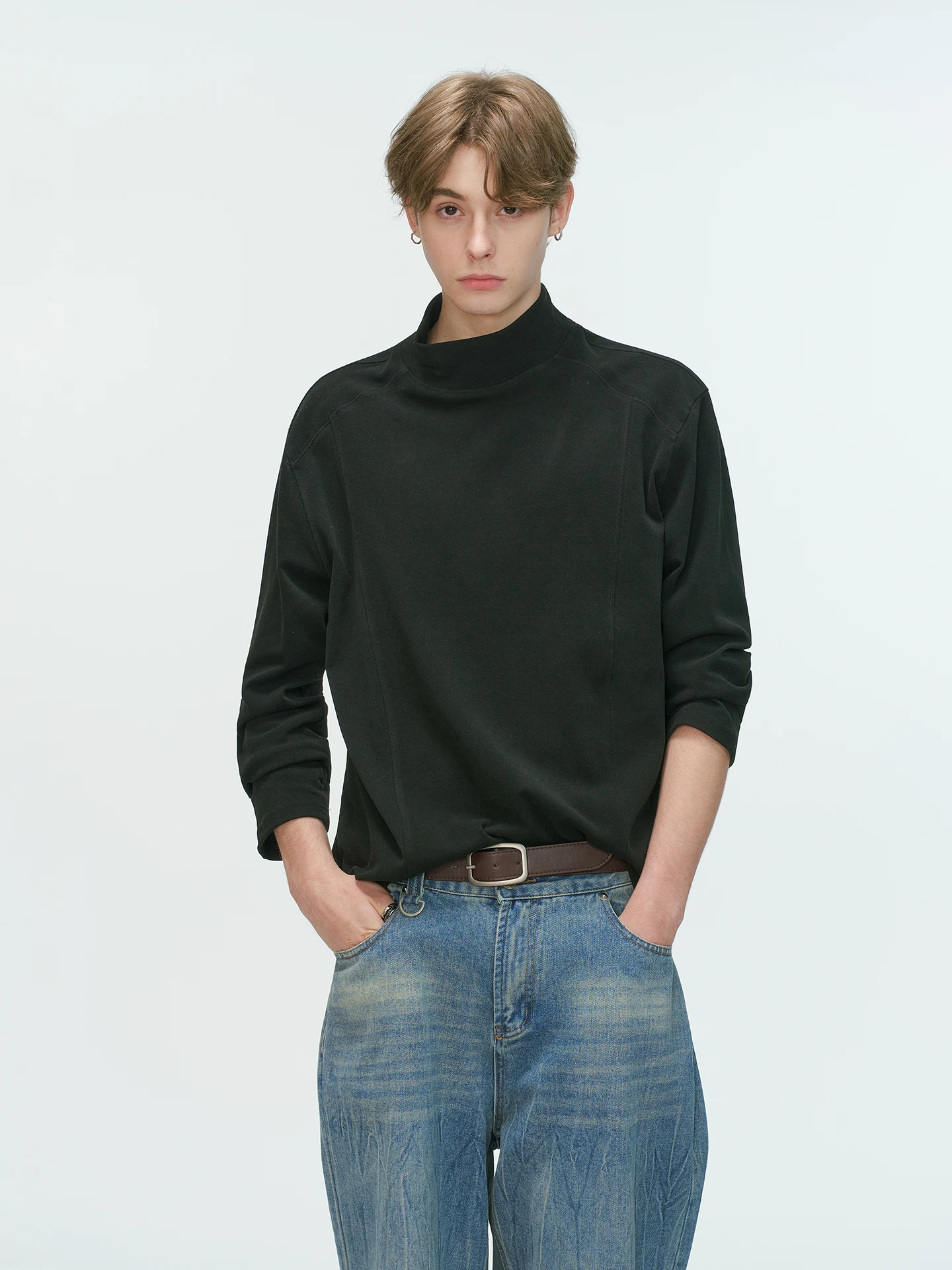 Dream Made Men's Long Sleeve Double-sided Fleece Leisure T-shirt Half-high Collar Autumn Winter Base Layer Shirt Cleanfit Style