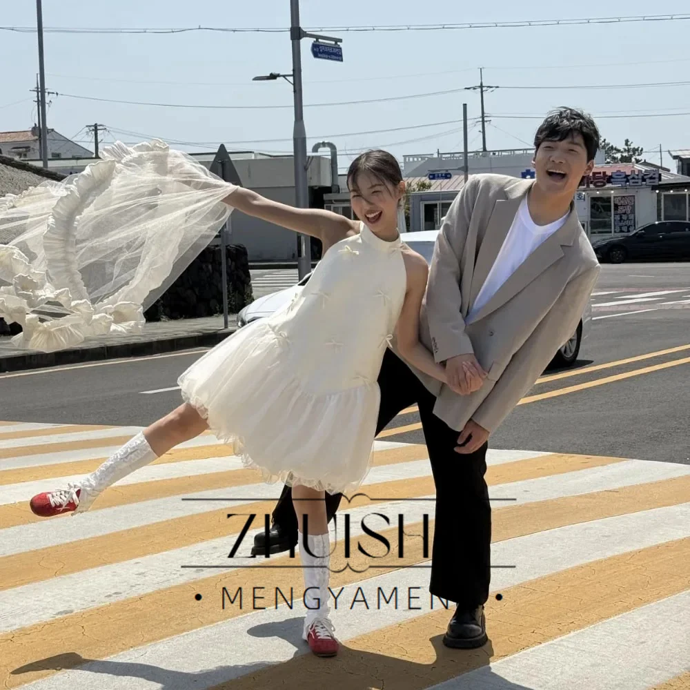 Lovely Bow Halter Sleeveless Silk Satin Short Korea Wedding Dress Photo Shoot Mini Bride Gown Formal Party Reception Dress