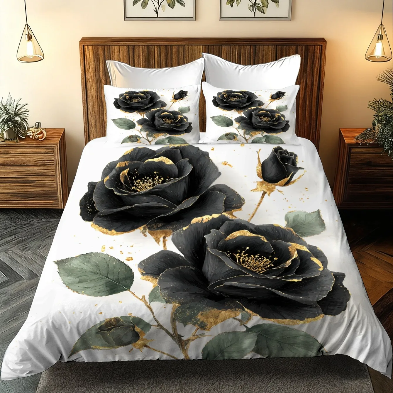White Duvet Cover Set with Black Rose Golden Print Comfortable Bedroom Home Decor Bedding Collection