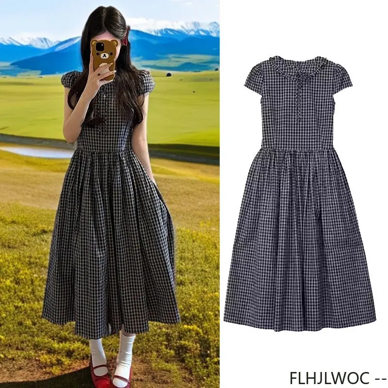 

Vintage Cute Dresses Woman Summer Short Sleeve Retro Mori Girls Slim Waist Korean Style Japan Design Cotton Plaid Shirt Dress