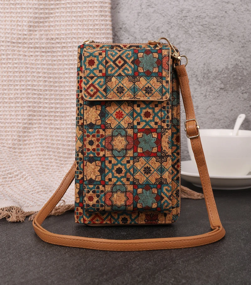 5pcs Wallet Retro Cork Leather Flower National Printing Multifunctional Phone Bag Mix Color