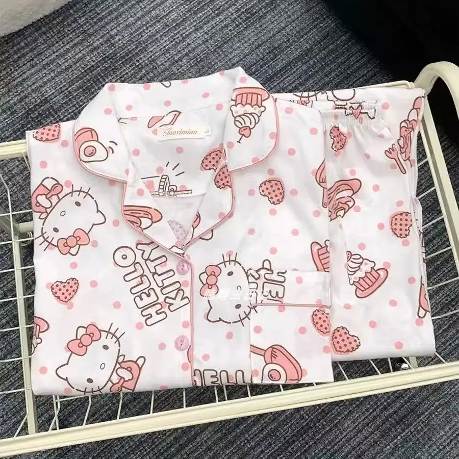 

Hello Kitty 2Pcs Cute Pajamas Suit Cartoon Sanrioed Anime Kawaii Women Spring Autumn Tops Pants Loungewear Homewear Sweet Girls
