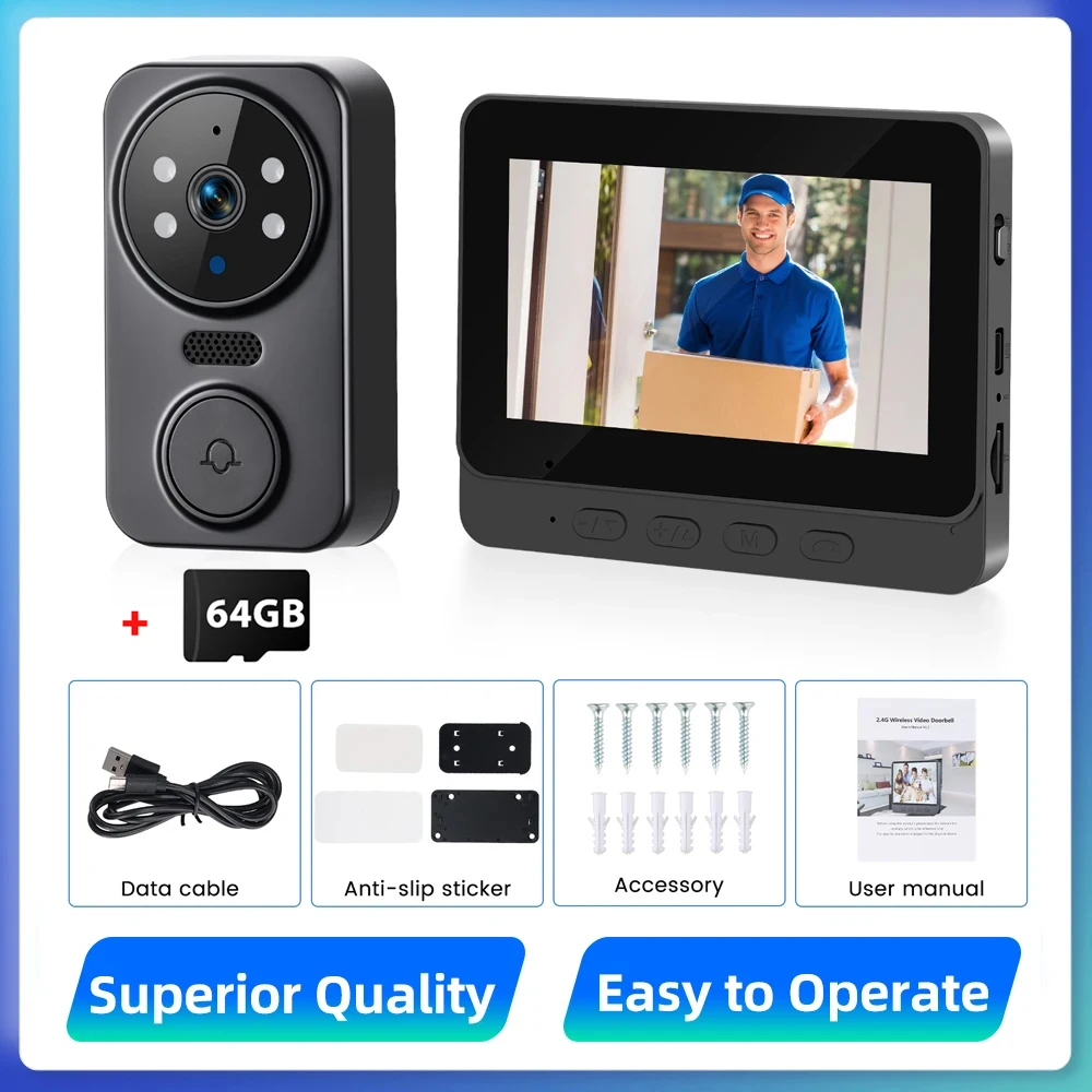 Podofo 4,3-Zoll IPS-Bildschirm Drahtlose Türklingel mit Nachtsicht, Gegensprechanlage, Video-Monitor und Zwei-Wege-Kommunikation