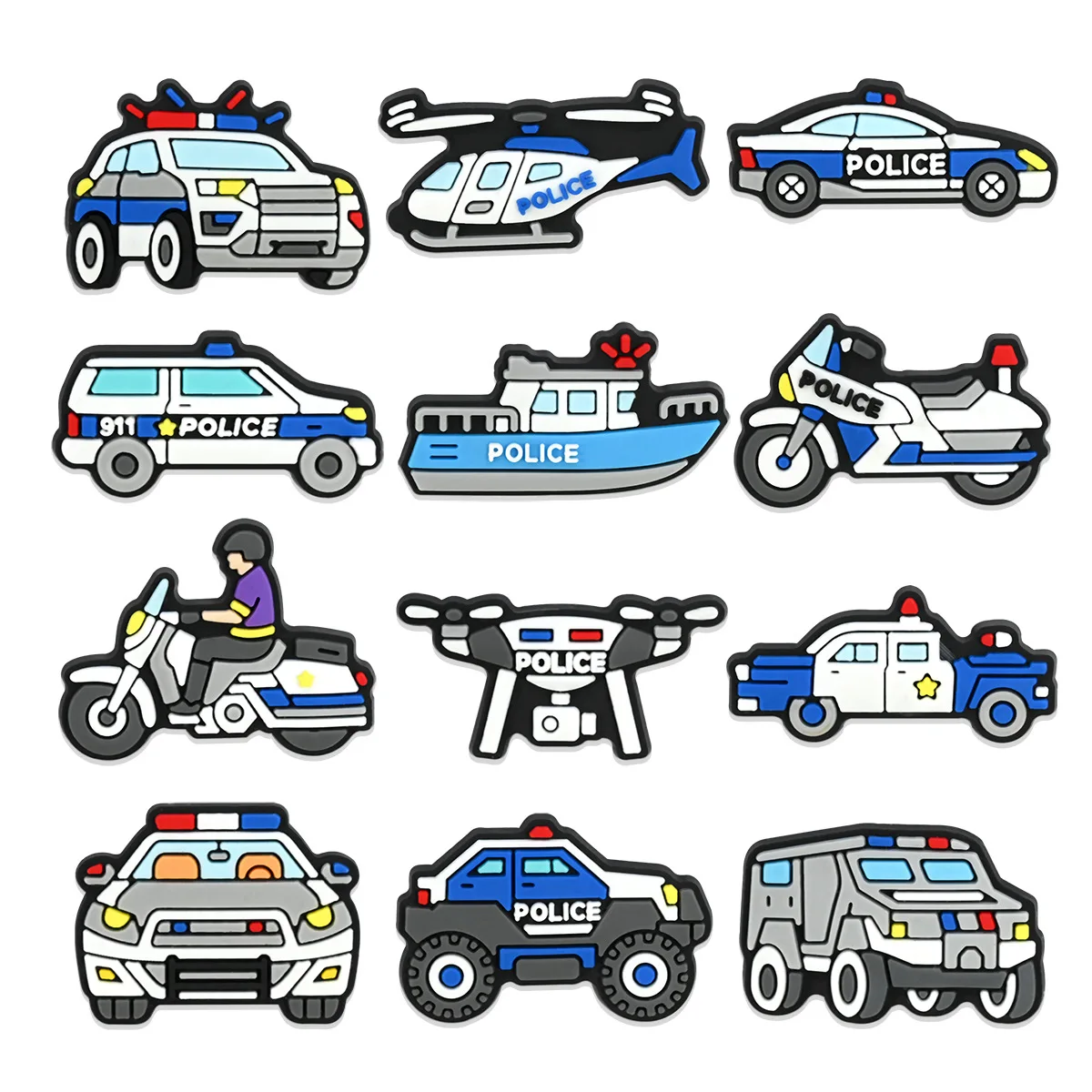 Conjunto de 12 Pingentes de PVC para Calçados com Tema de Veículos Policiais, para Crocs, Bolsas, Chinelos Bolha e Sandálias, Acessórios para Calçados e Bolsas de Praia