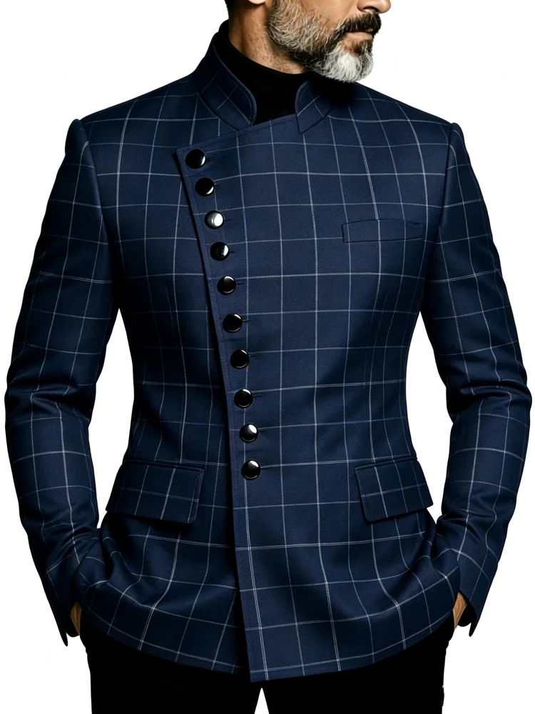Mens Stand Collar Windowpane Grid Slim Fit Business Blazer Navy Formal Wedding Jacket