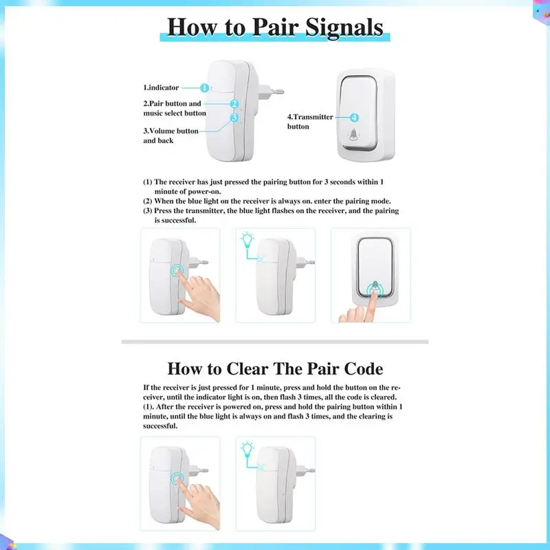 N93R Wireless Doorbell Without Batteries Waterproof Outdoor Kinetic Bell Self-Powered Button EU Plug